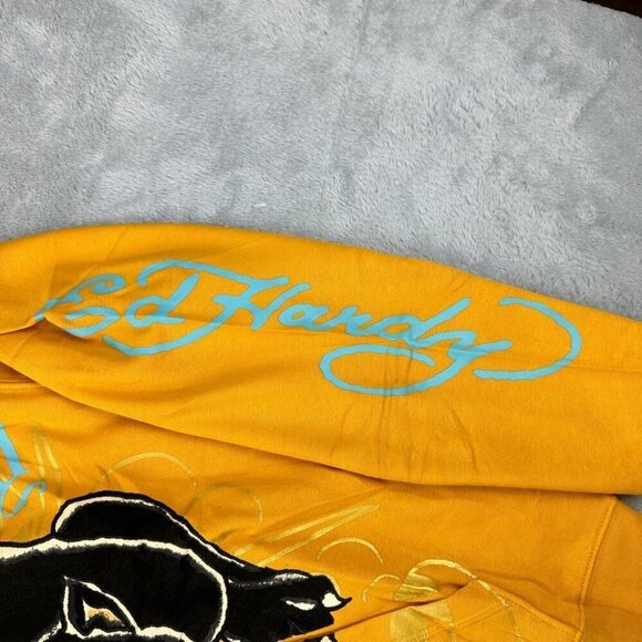 Ed Hardy NWT Men's Size Medium Crouching Panther Yellow Fleece Pullover Hoodie - Picture 10 of 12